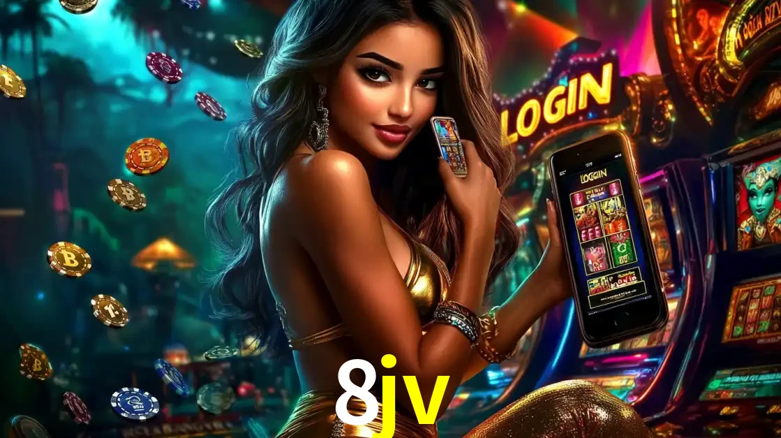 Mulher em um cenário de cassino temático de aventura, mostrando o app de caça-níqueis da 8jv no celular. Fichas de apostas flutuam ao redor.