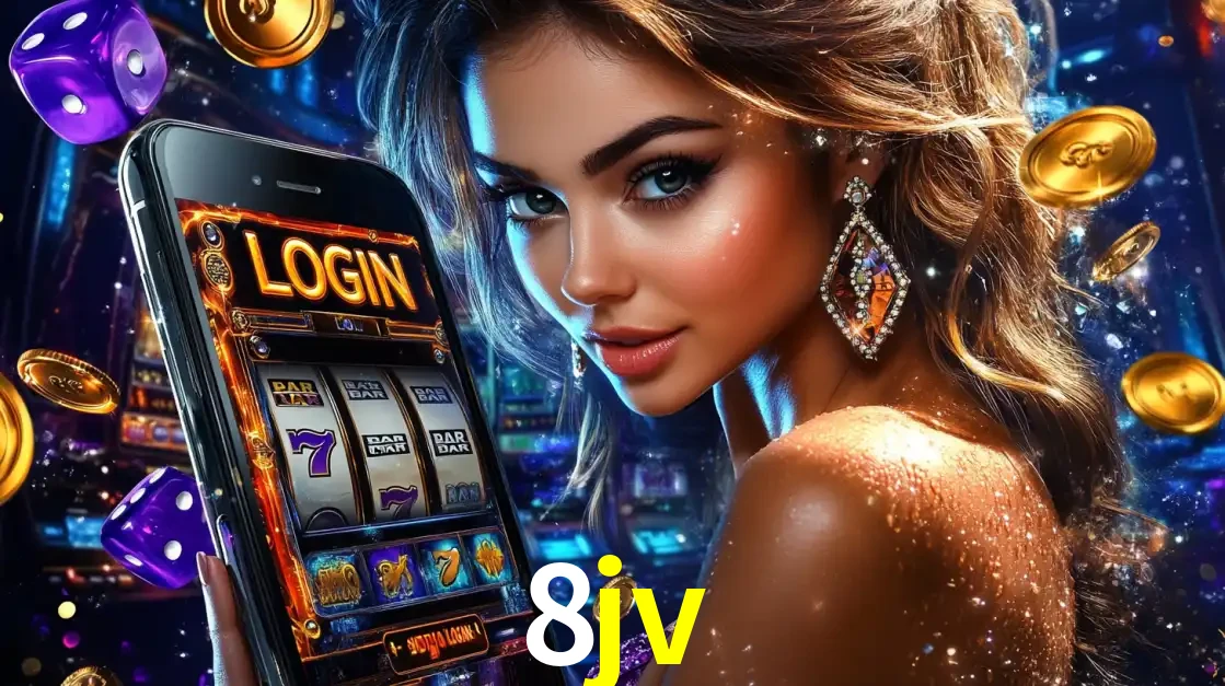 Mulher glamorosa segurando um smartphone com a tela de login para os jogos de caça-níqueis do cassino online 8jv, com moedas de ouro e dados ao redor.