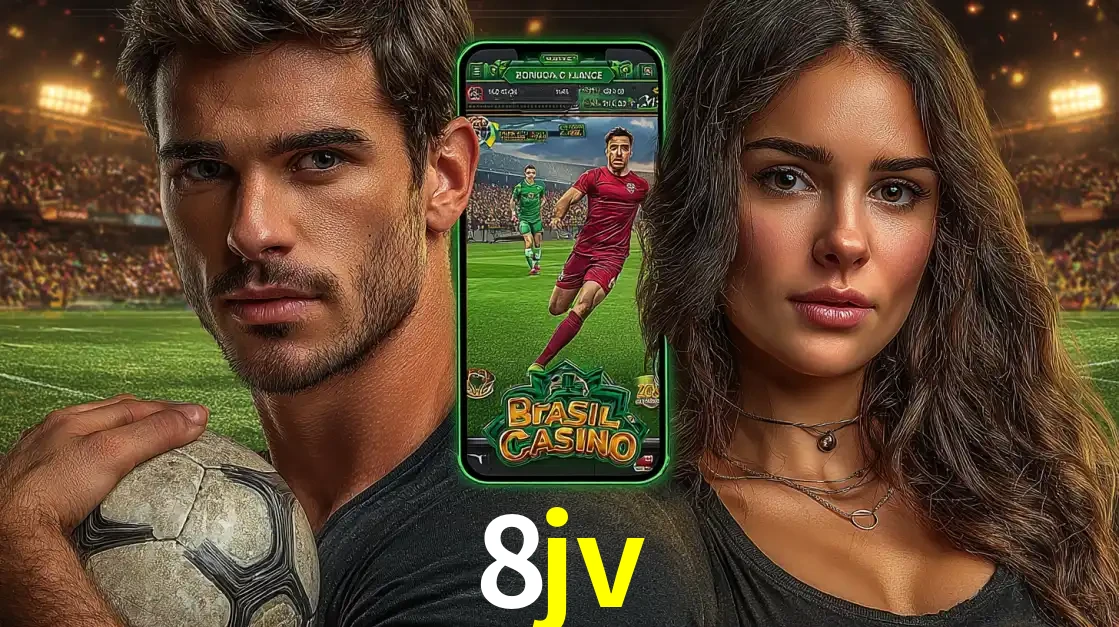 Homem segurando uma bola de futebol e uma mulher ao lado de um smartphone exibindo o jogo de apostas esportivas da 8jv. Faça seu palpite no cassino online.
